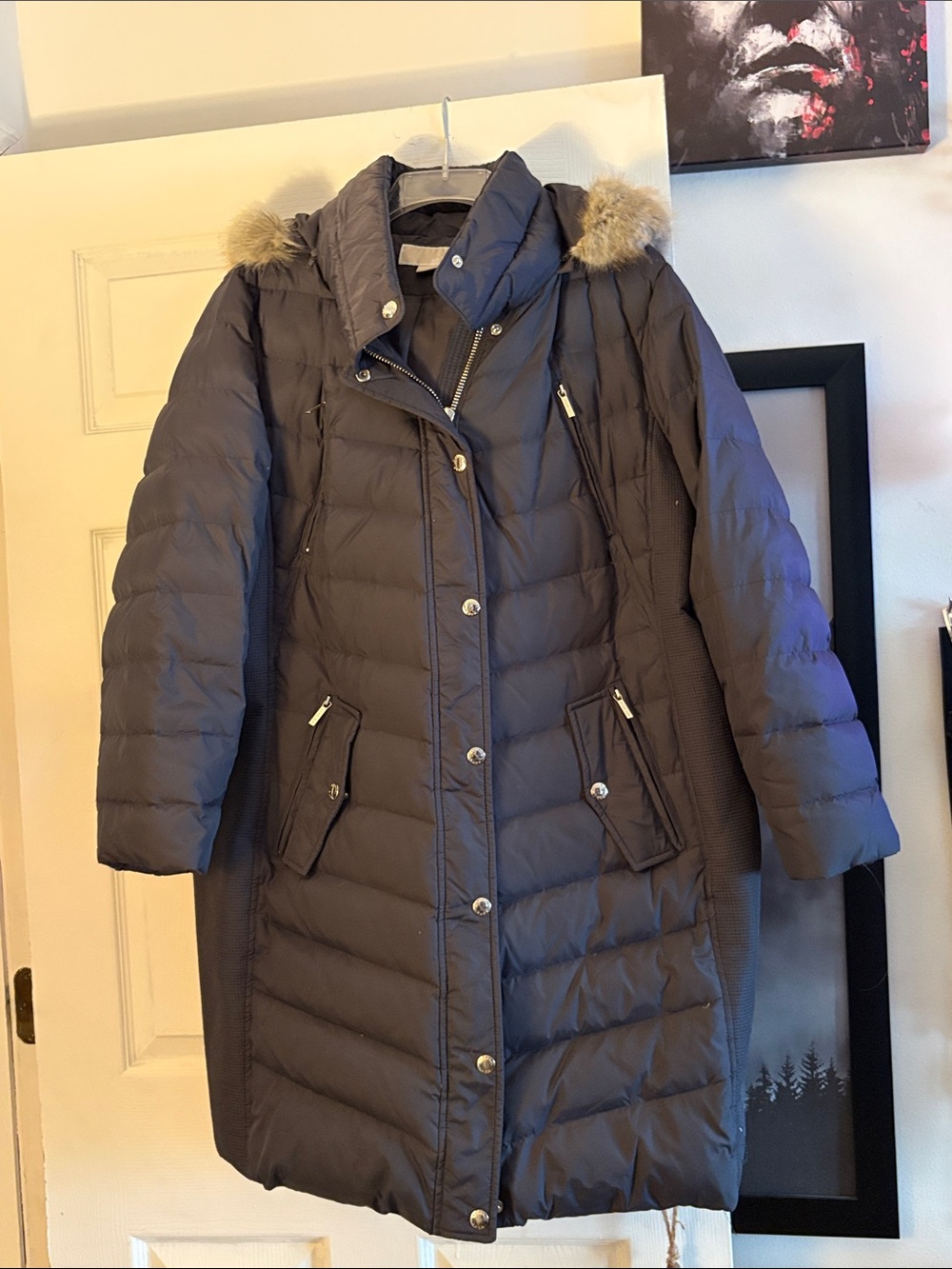 Michael Kors Charcoal Quilted Long Puffer Coat with Faux-Fur Hood